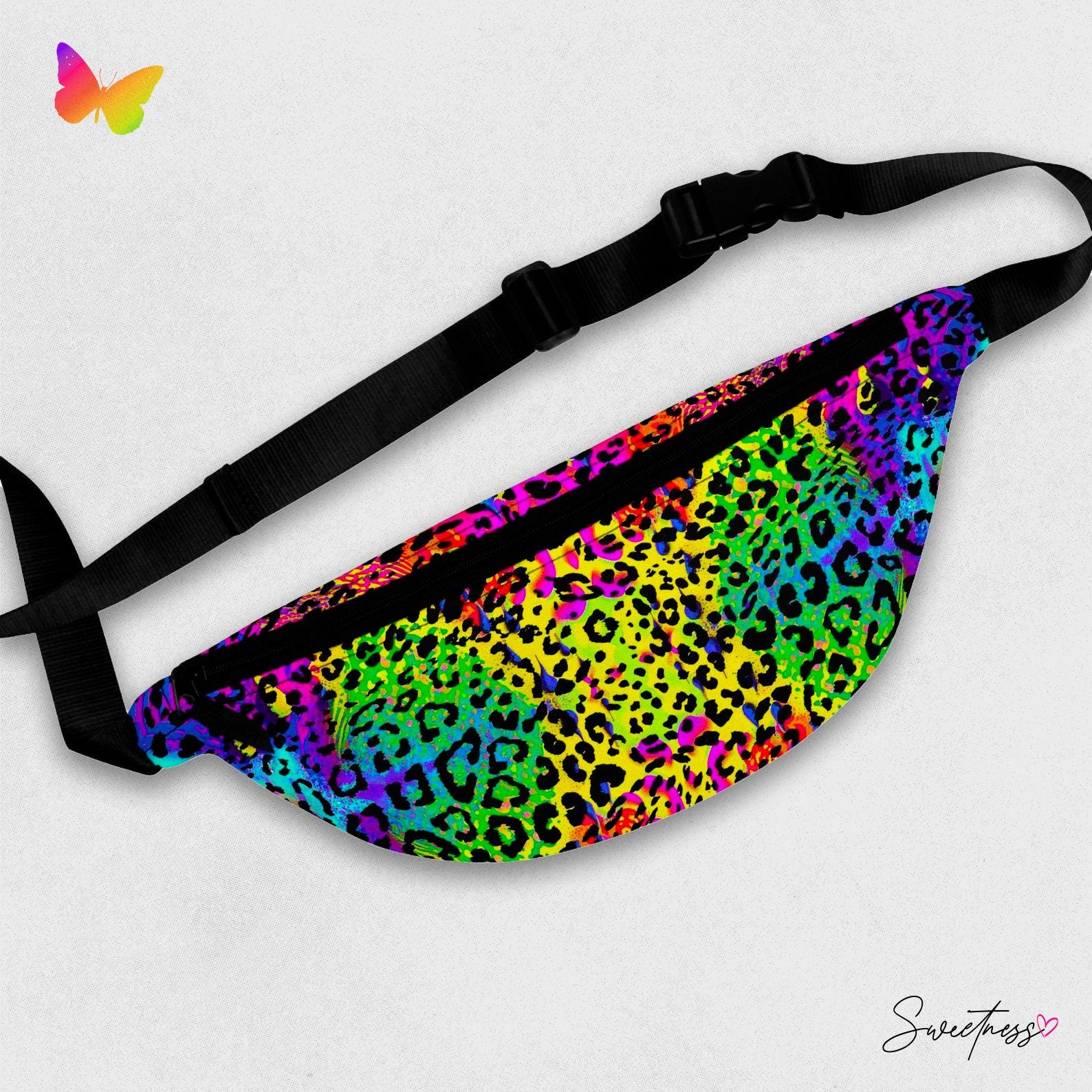 Sweetness Festival Fanny Pack: Cheetah Rainbow Animal Print Psychedelic Colorful Vibrant Music Rave Accessory with Lay-Flat Design