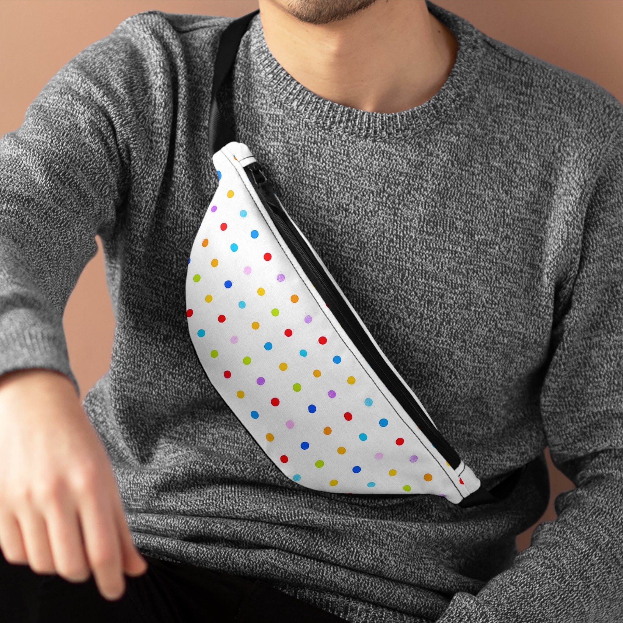 Sweetness Festival Fanny Pack: White Polka Dots Multi-color Vibrant Accessory with Lay-Flat Design