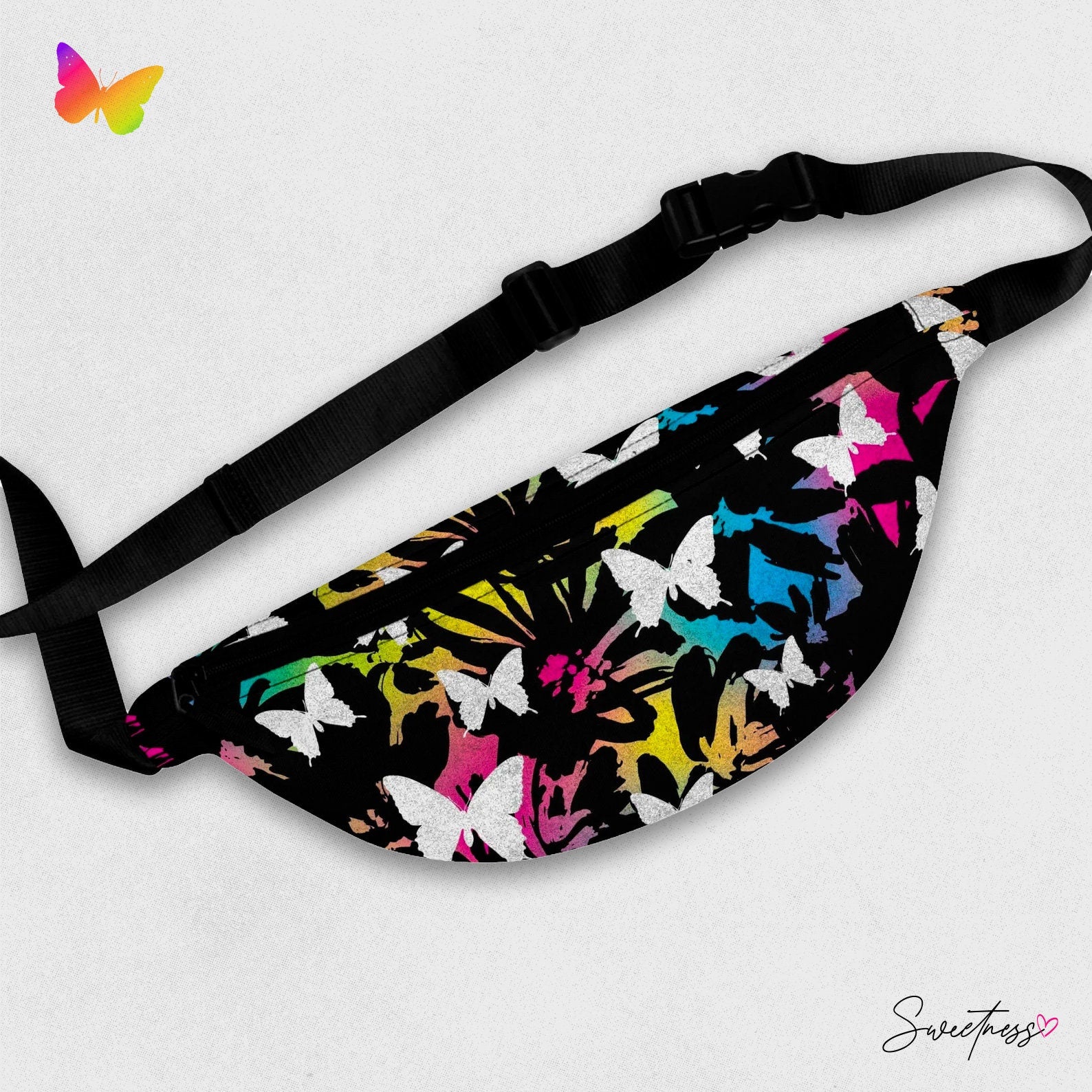Rainbow Butterfly Fanny Pack: Vibrant Festival Rave Accessory