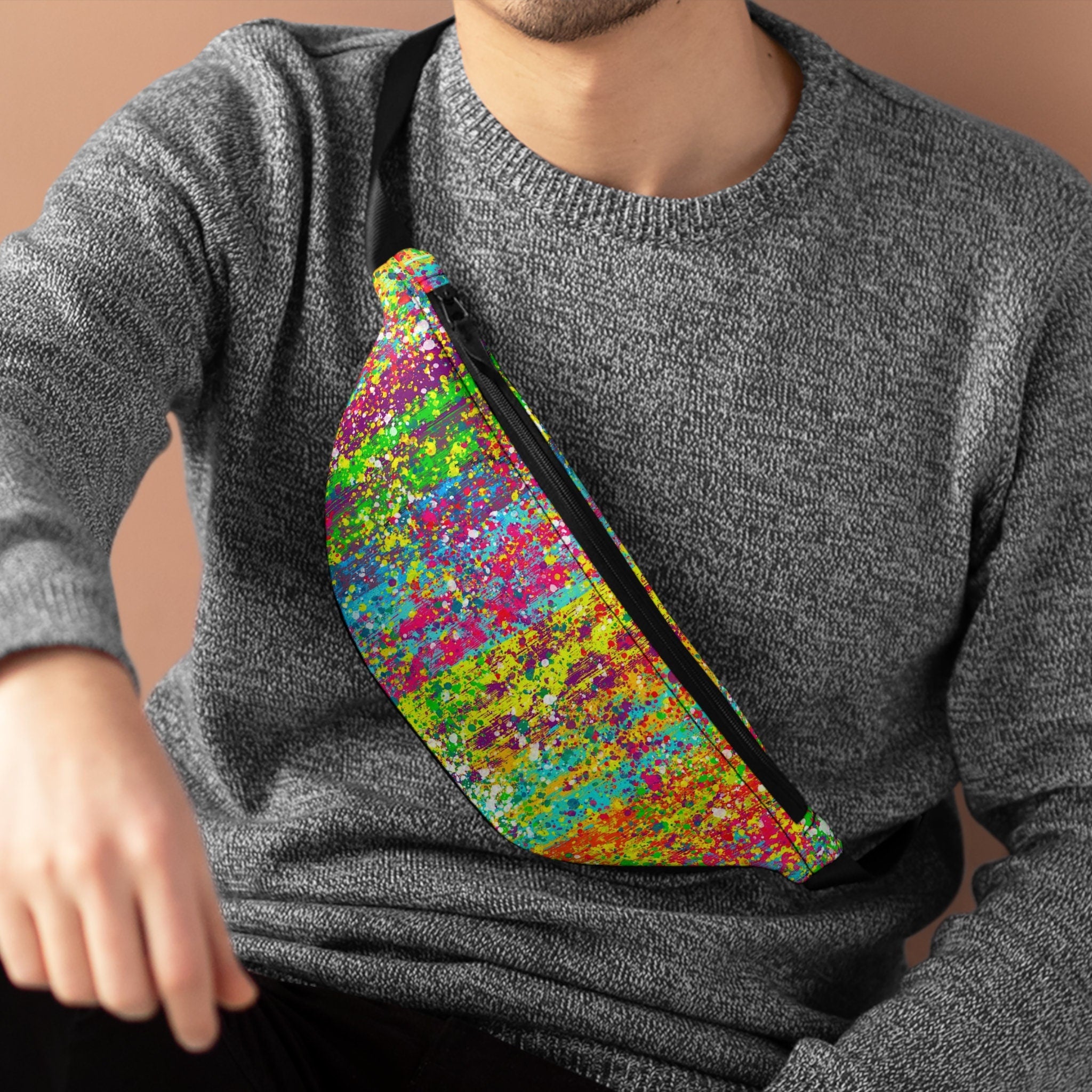 Sweetness Festival Fanny Pack: Rainbow Psychedelic Drip Paint Brush Abstract Colorful Vibrant Music Fest Accessory with Lay-Flat Design