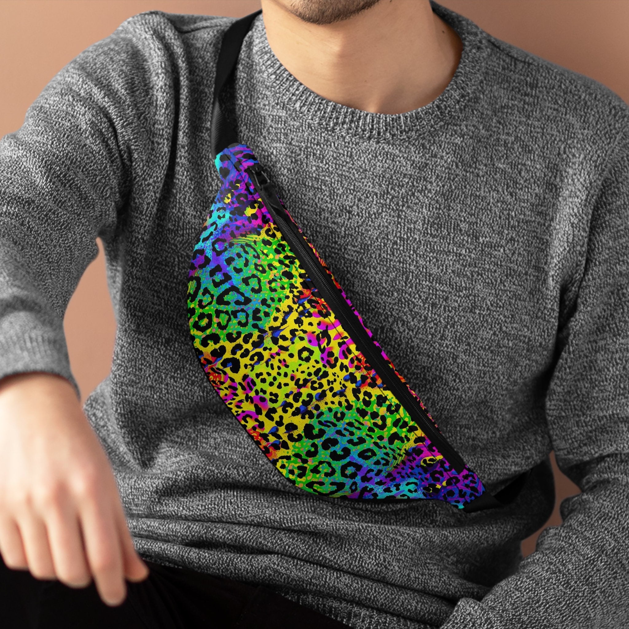 Sweetness Festival Fanny Pack: Cheetah Rainbow Animal Print Psychedelic Colorful Vibrant Music Rave Accessory with Lay-Flat Design