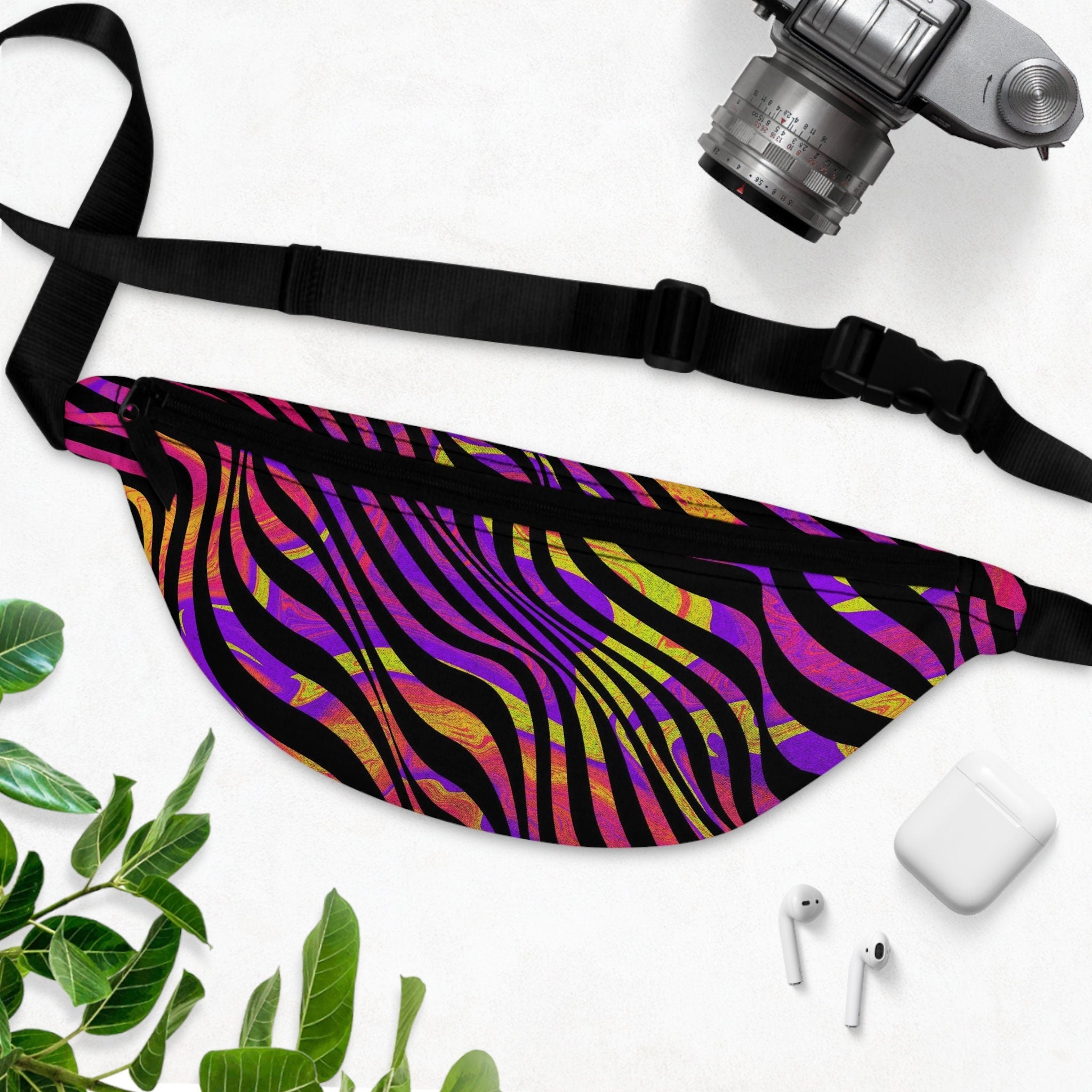Sweetness Festival Fanny Pack: Purple Pink Yellow Stripes Abstract Pour Paint Kaleidoscope Colorful Vibrant Accessory with Lay-Flat Design