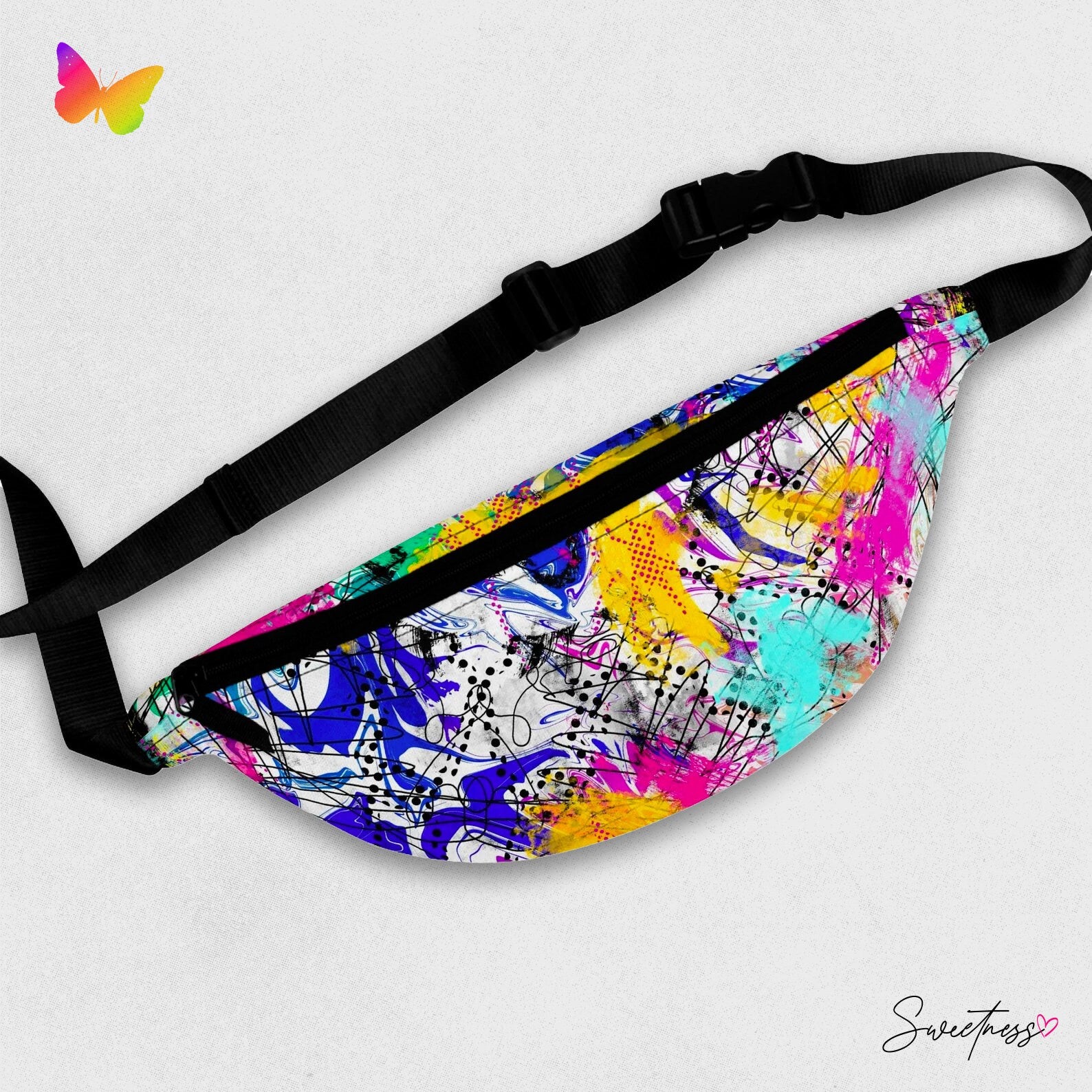 Sweetness Festival Fanny Pack: Abstract Blue Yellow Pink Teal Psychedelic Colorful Vibrant Music Rave Accessory with Lay-Flat Design