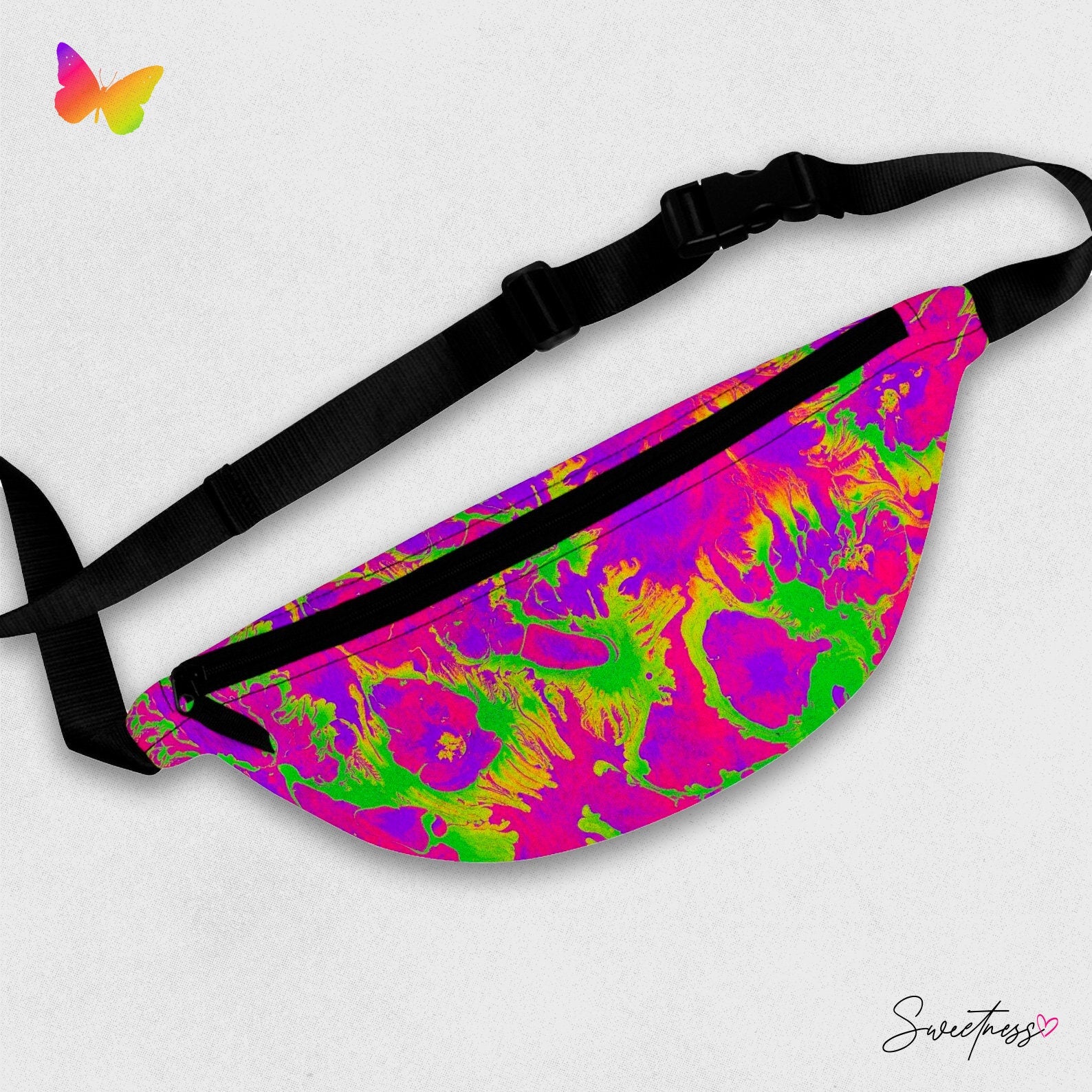 Sweetness Festival Fanny Pack: Neon Pink Purple Green Abstract Paint Trip Colorful Vibrant Accessory with Lay-Flat Design