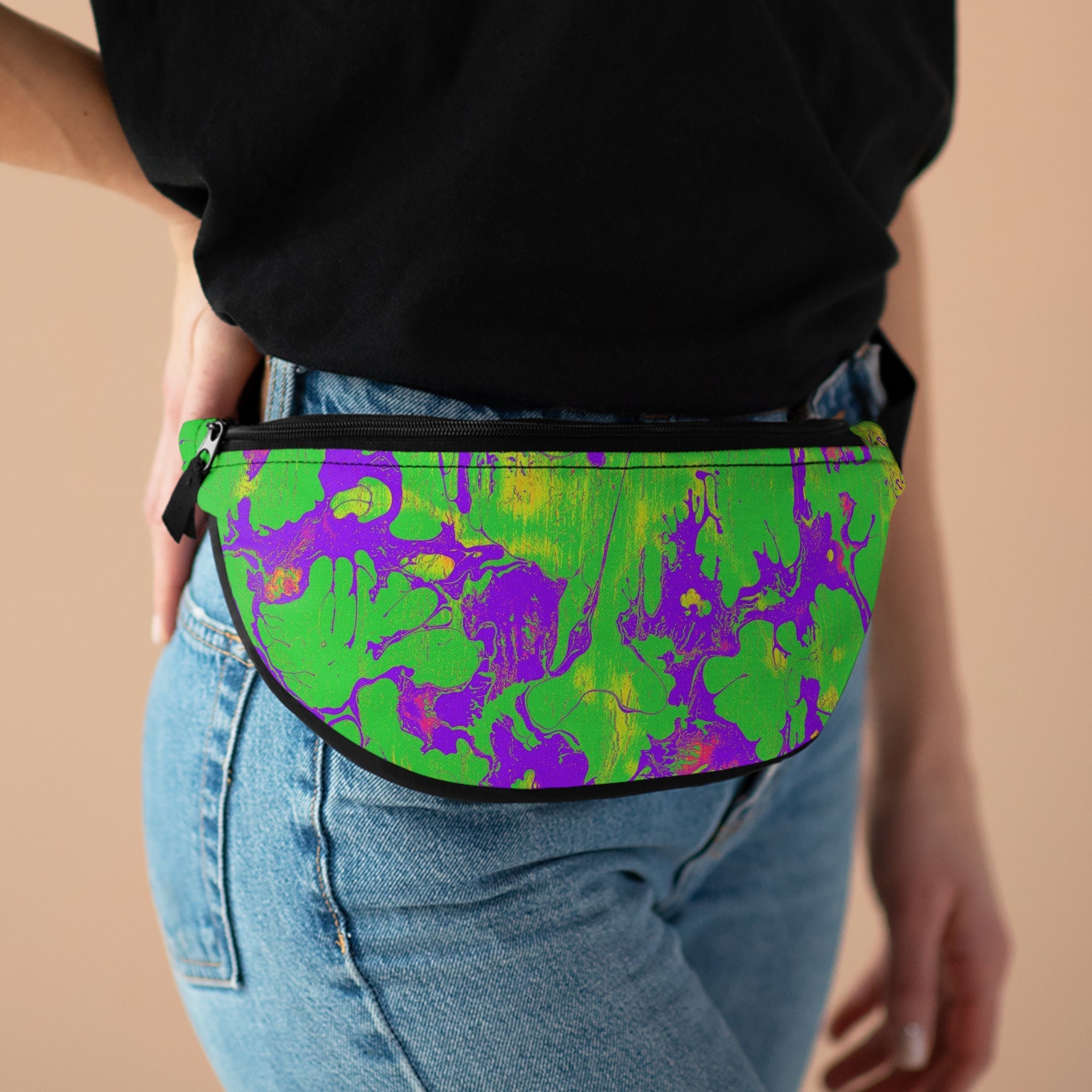 Sweetness Festival Fanny Pack: Green Purple Abstract Wet Paint Vibrant Accessory with Lay-Flat Design