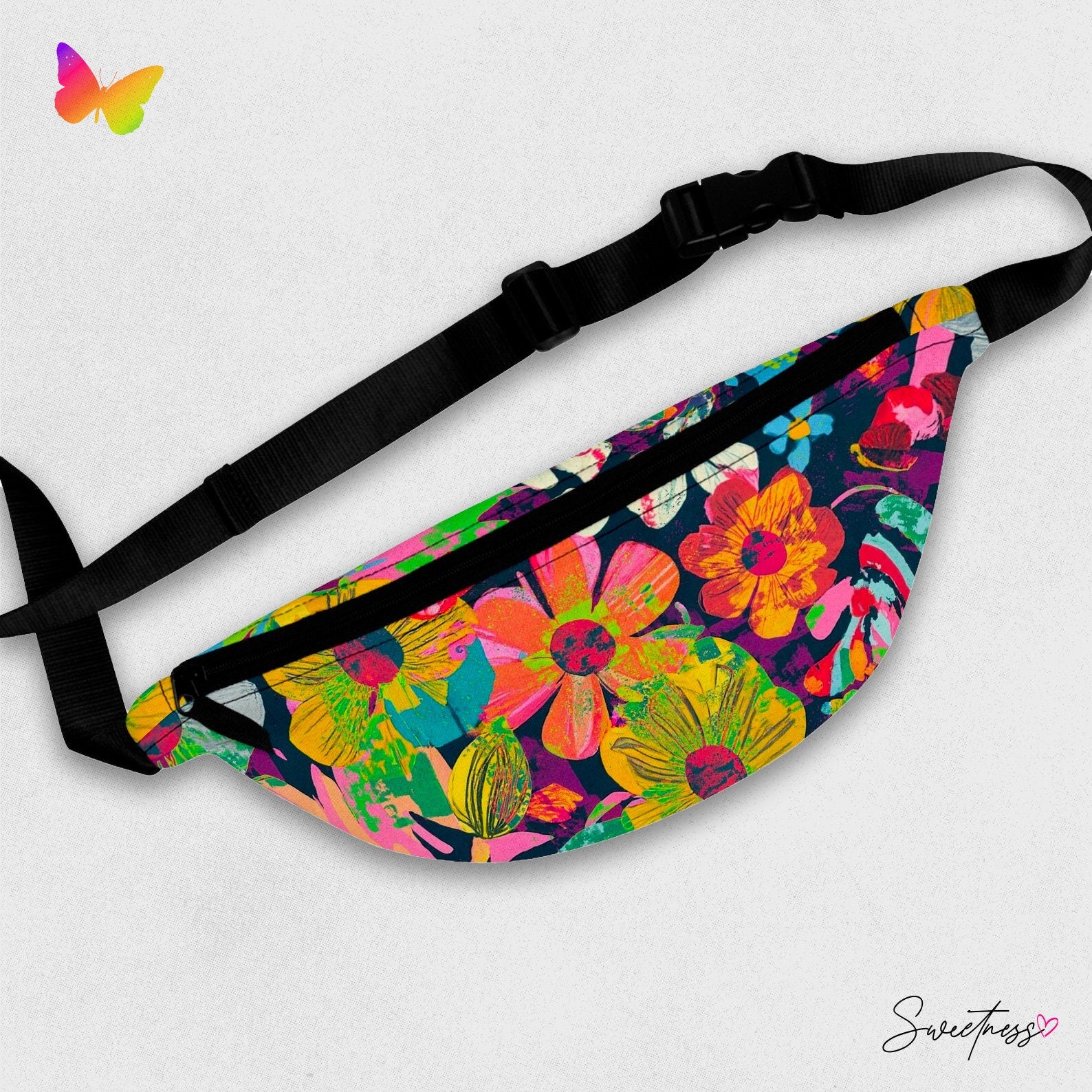 Sweetness Festival Fanny Pack: Abstract Rainbow Flowers Multi-color Hippie Pattern Vibrant Accessory with Lay-Flat Design