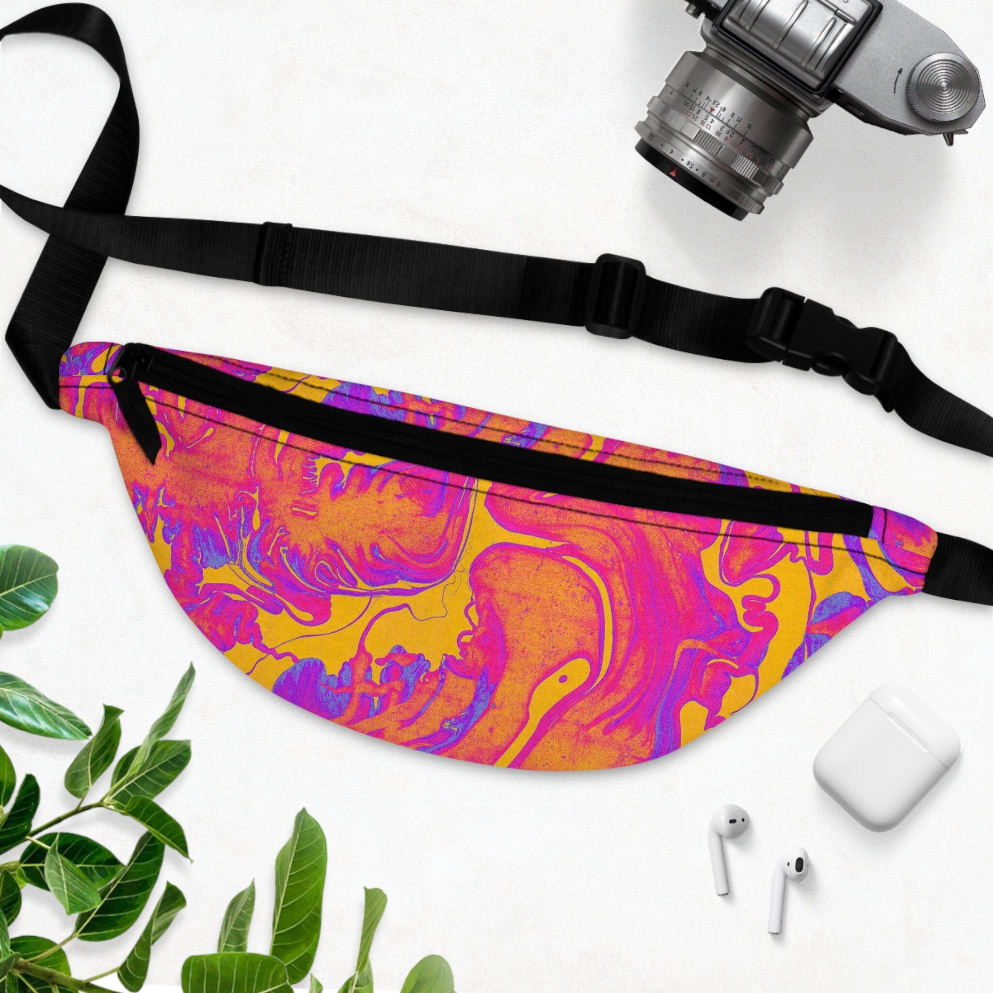 Sweetness Festival Fanny Pack: Pink Yellow Swirly Abstract Wet Paint Colorful Vibrant Accessory with Lay-Flat Design