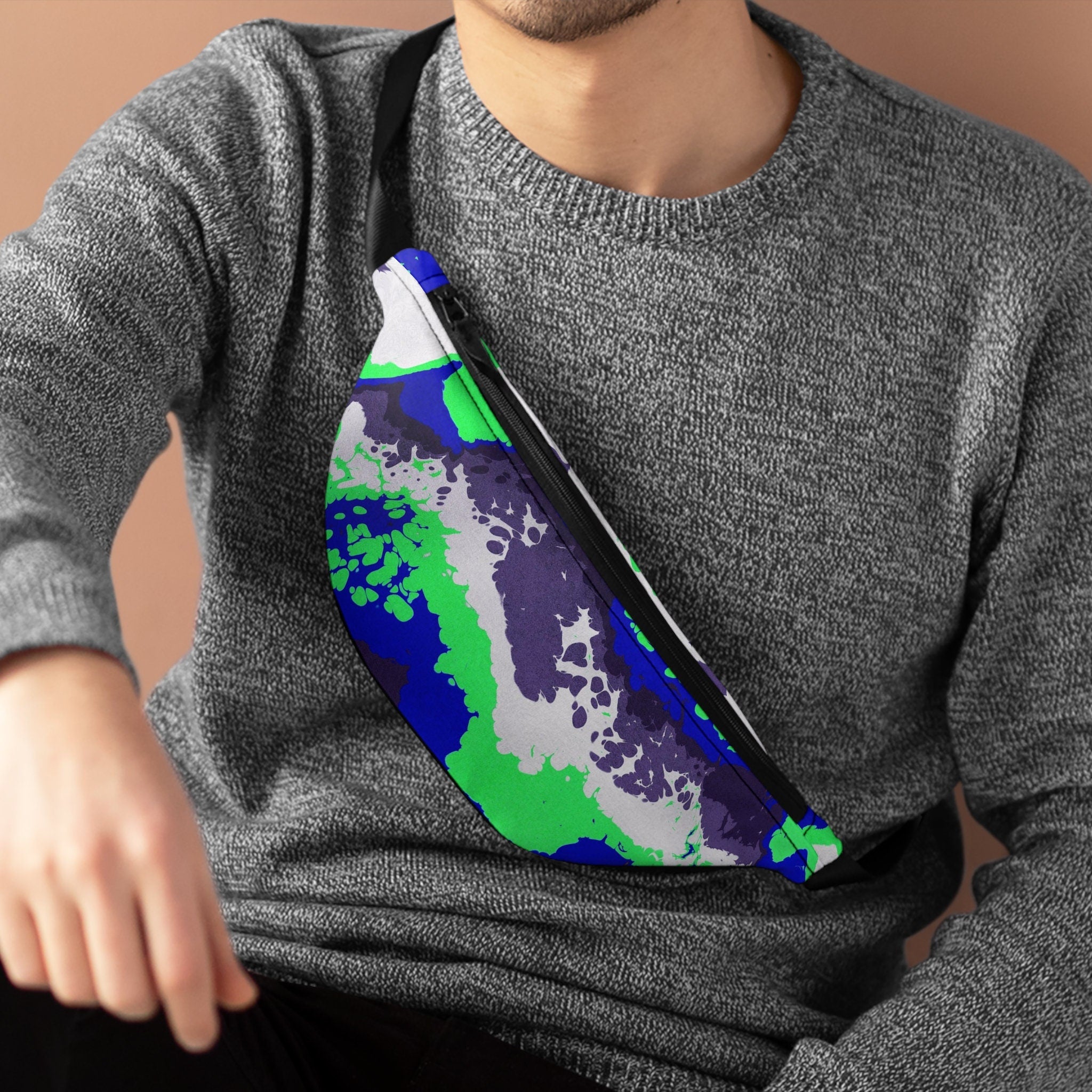 Sweetness Festival Fanny Pack: Abstract Blue Green White Gray Psychedelic Colorful Vibrant Music Rave Accessory with Lay-Flat Design