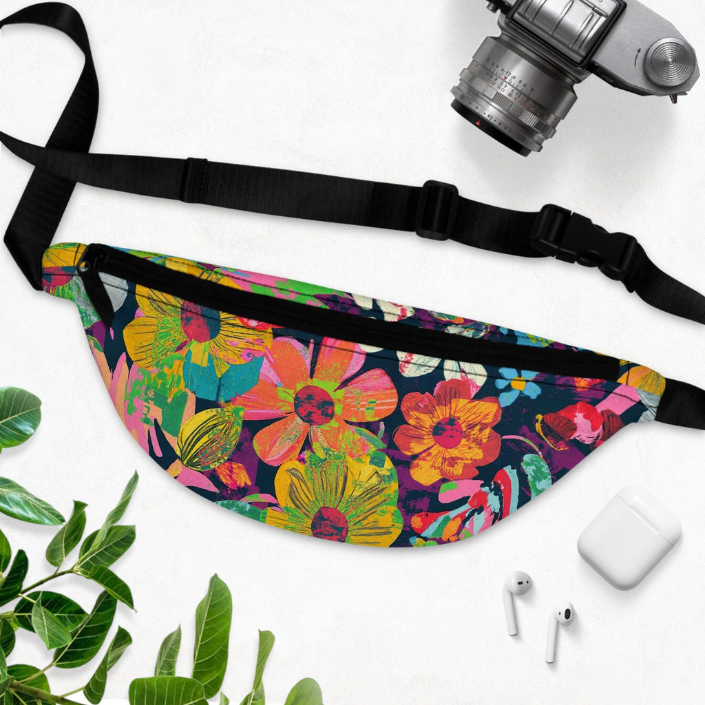 Sweetness Festival Fanny Pack: Abstract Rainbow Flowers Multi-color Hippie Pattern Vibrant Accessory with Lay-Flat Design