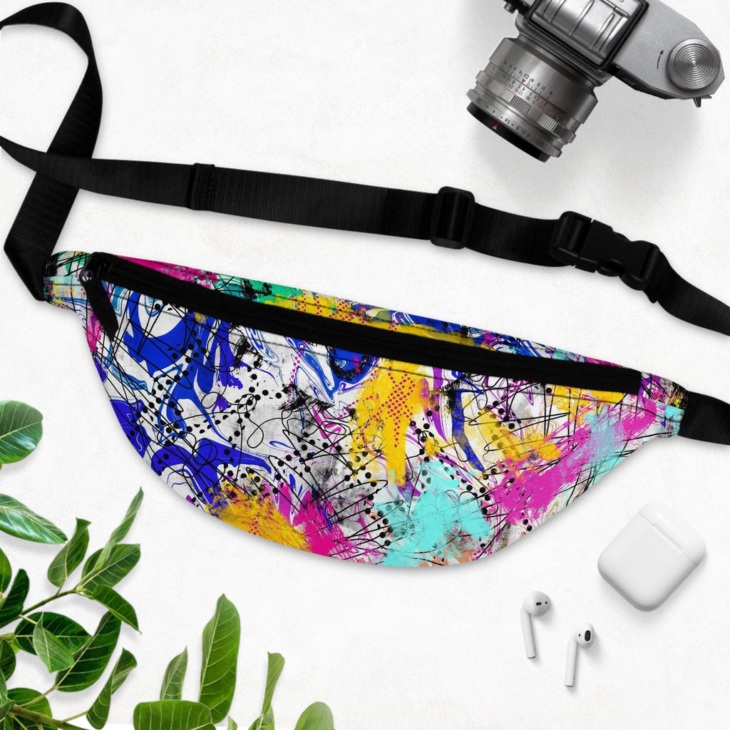 Sweetness Festival Fanny Pack: Abstract Blue Yellow Pink Teal Psychedelic Colorful Vibrant Music Rave Accessory with Lay-Flat Design