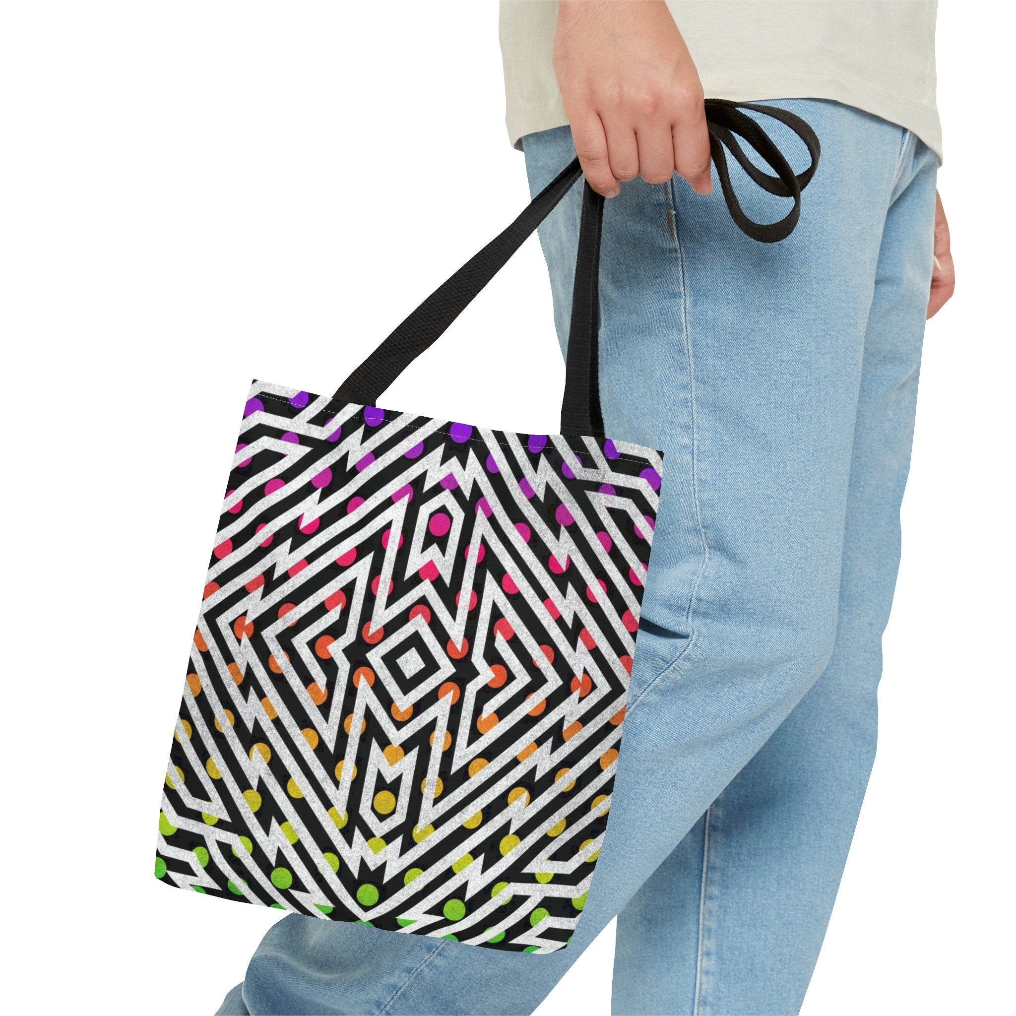 Geometric Polka Dot Tote Bag: Neon Rave Festival Accessory