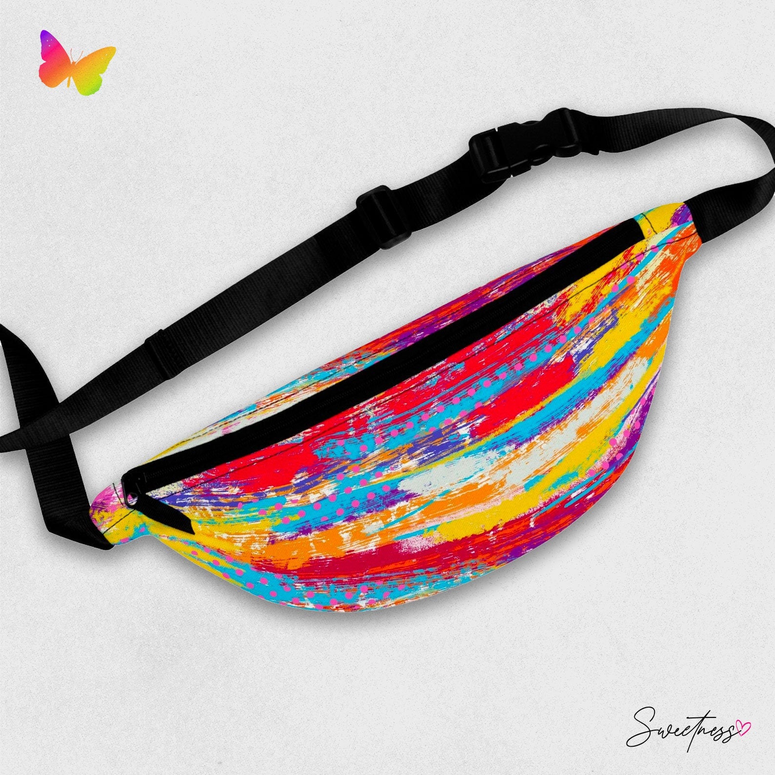 Rainbow Abstract Festival Fanny Pack: Vibrant Lay-Flat Waist Bag