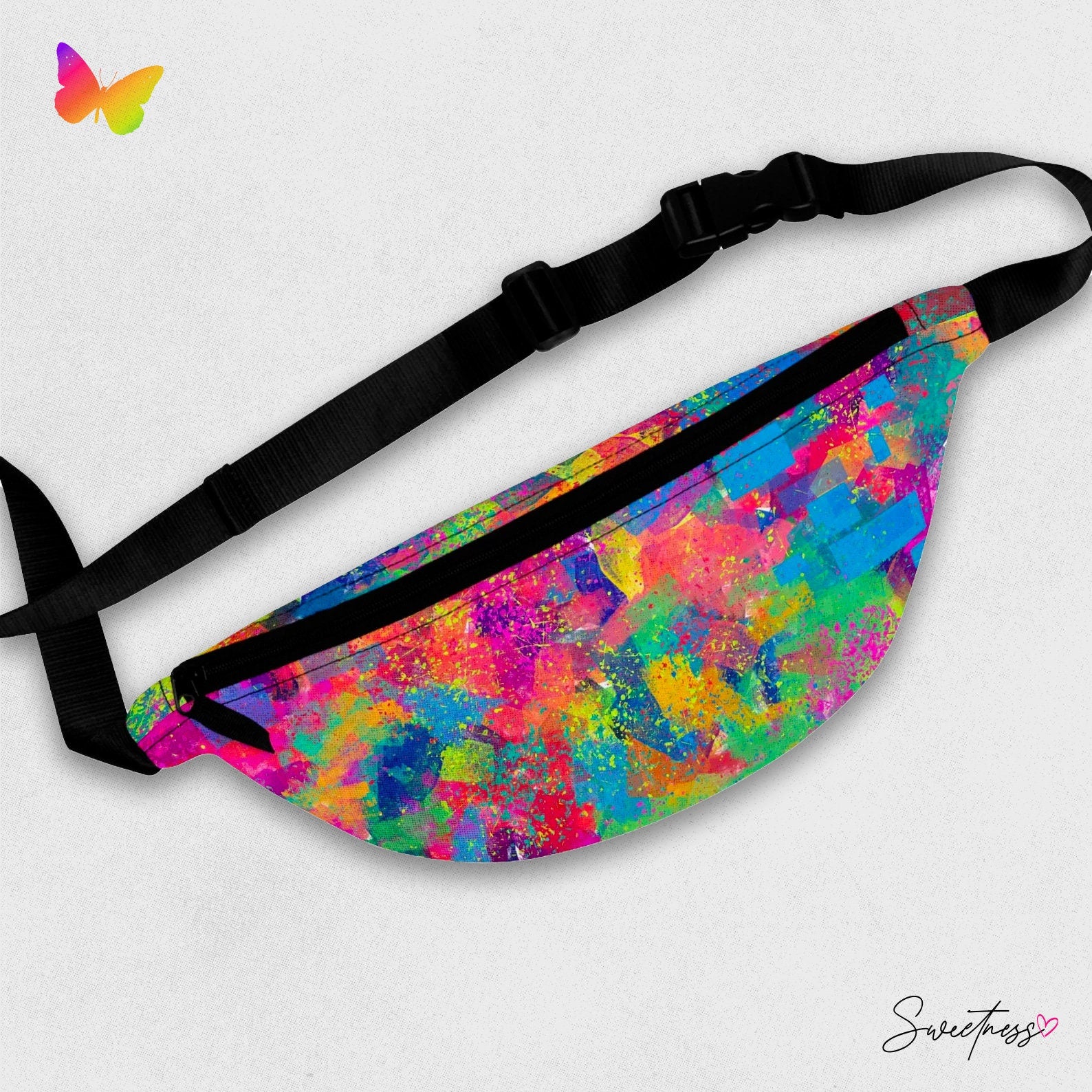 Sweetness Festival Fanny Pack: Abstract Yellow Blue Rainbow Psychedelic Colorful Vibrant Music Festival Rave Accessory with Lay-Flat Design